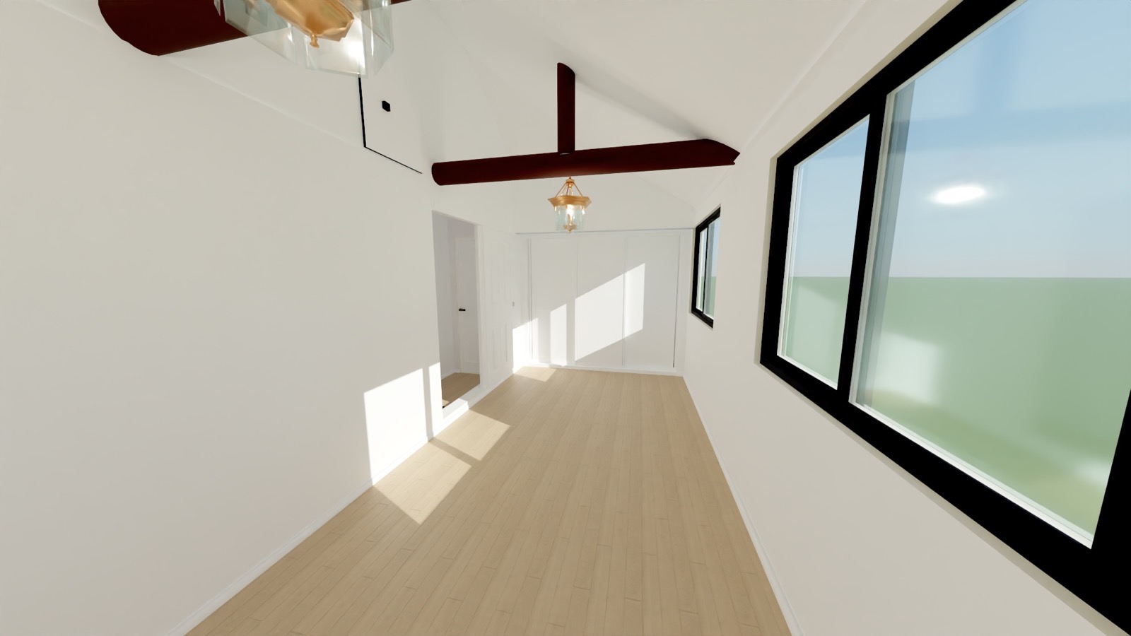 Hallway design with skylights, exposed beams and glass light fixtures