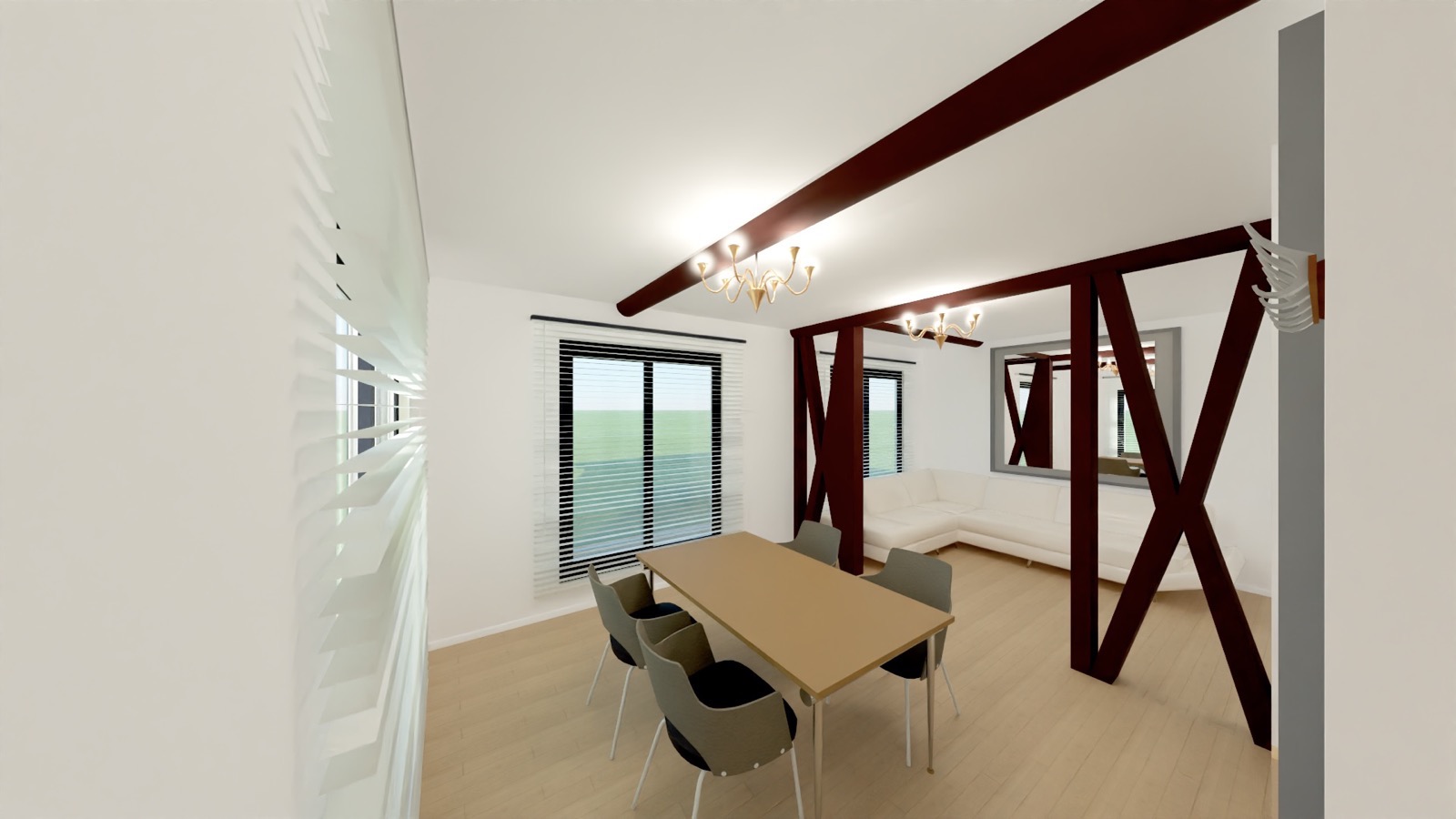 Architectural vision of akiya living space with exposed X-bracing and skylights