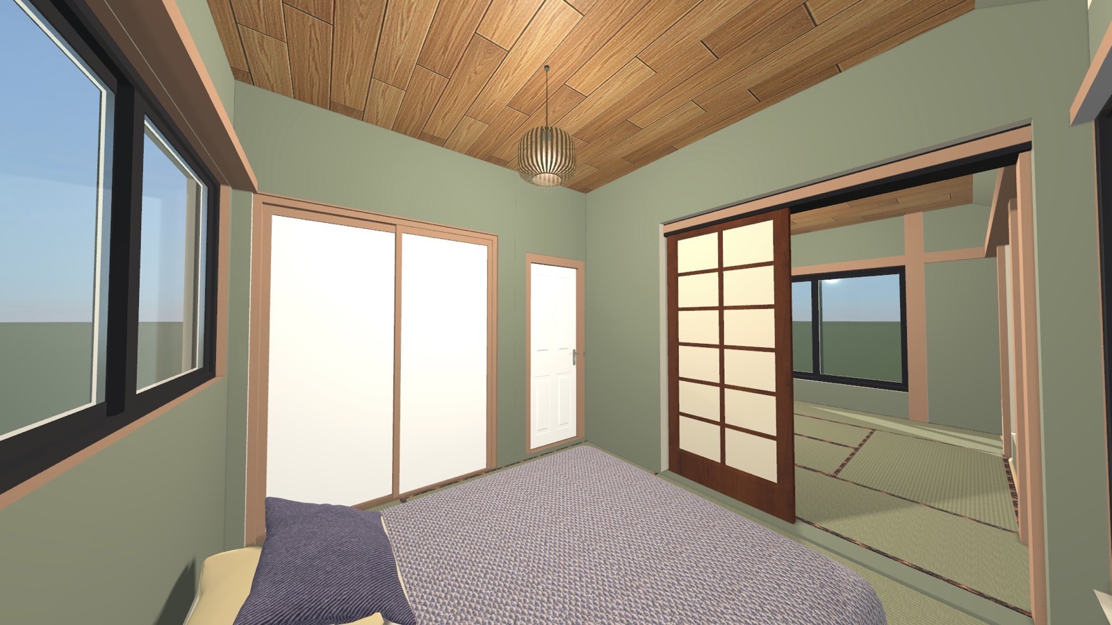 Design render of washitsu Japanese room with sage green walls and shoji screens